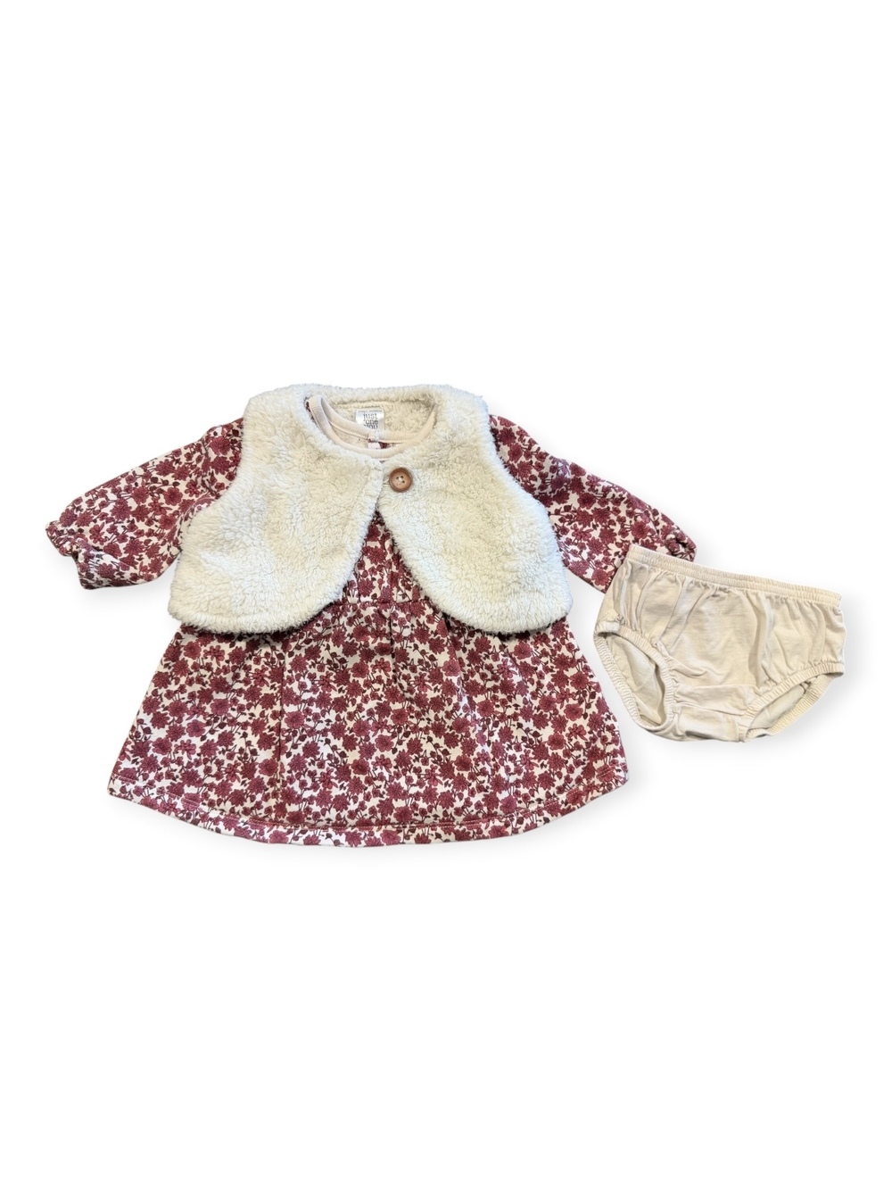 Carter's 3-Piece Baby Dress Set with Floral Print and Faux Fur Vest, Size 6M